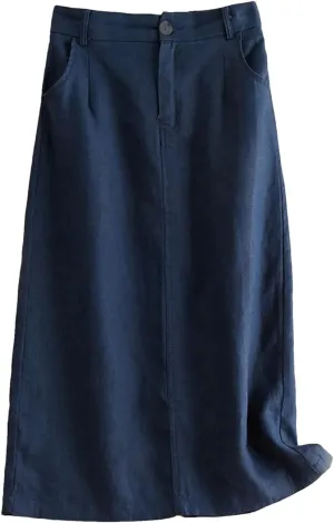 Jegsnoe Women's High Waist Cotton Linen Skirts Autumn Solid Mid-Length Elegant Office Lady Skirt