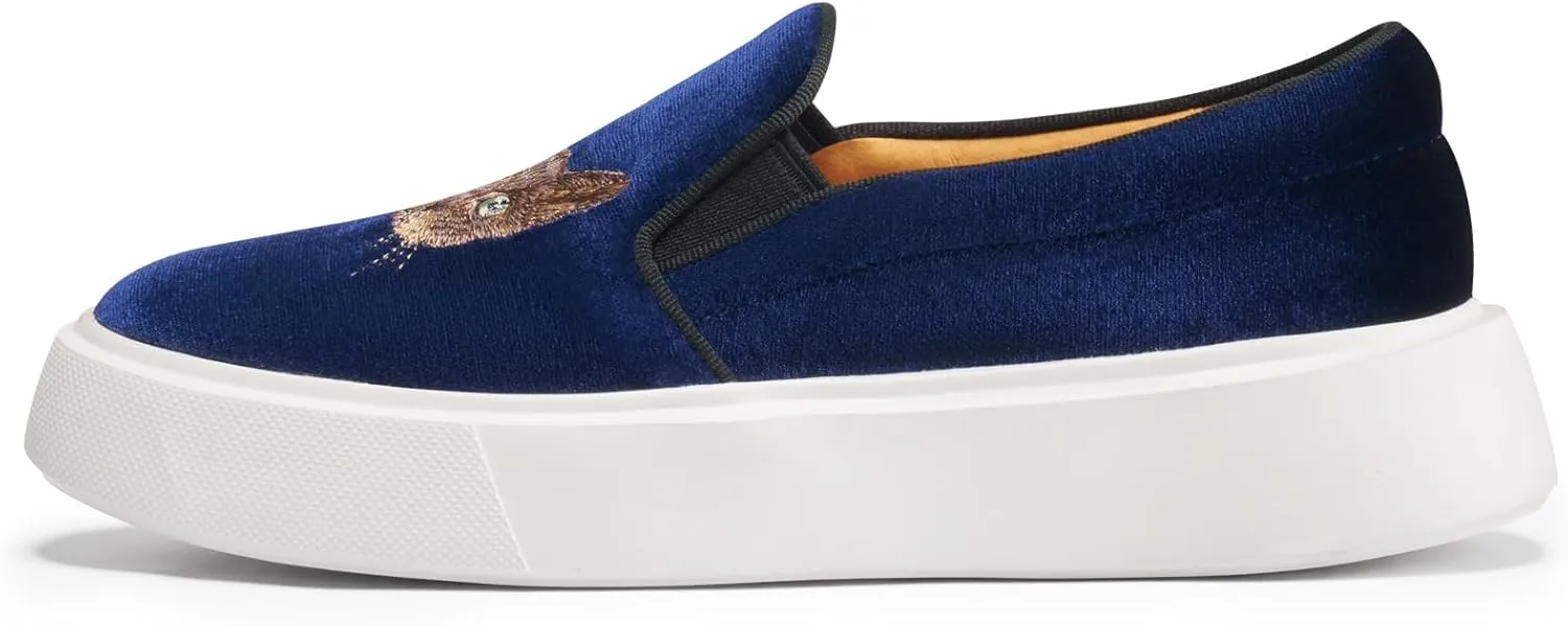 Journey West Women's Fashion Velvet Sneakers with Embroidery Comfortable Slip-On Work Shoes for Women