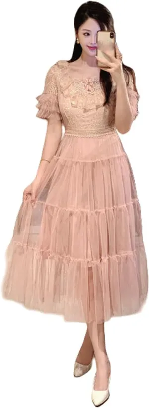 JYHBHMZG Women's Summer Elegant Lace Sequins Embroidery Slimming Tea Dress