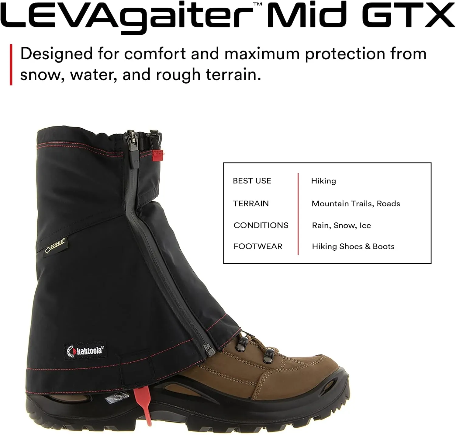 Kahtoola LEVAgaiter Mid GTX Gaiters, Waterproof Gore-TEX Shoe & Boot Protection for Mountaineering, Off-Trail Hiking in Mud, Snow & Ice