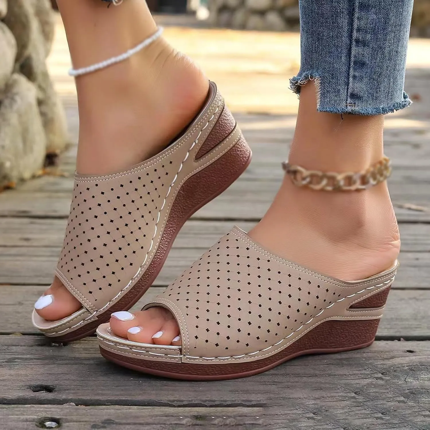KCTRFSJ Women's Wedge Open Toe Orthopedic Sandals with Arch-Support,Hollow-Out Platform Slip-on Fish Mouth Sandals,Summer Casual Non Slip Walking Beach Shoes