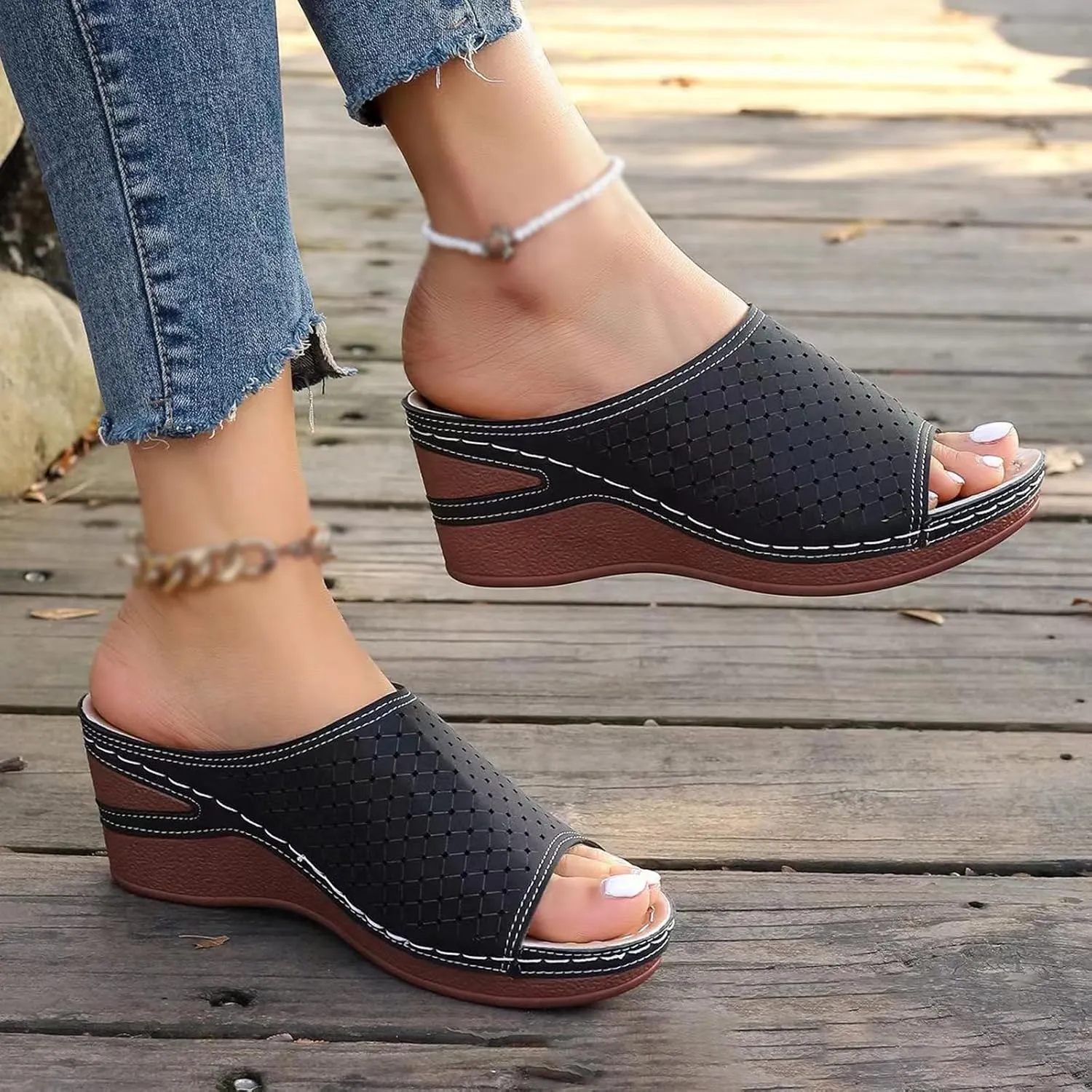 KCTRFSJ Women's Wedge Open Toe Orthopedic Sandals with Arch-Support,Hollow-Out Platform Slip-on Fish Mouth Sandals,Summer Casual Non Slip Walking Beach Shoes