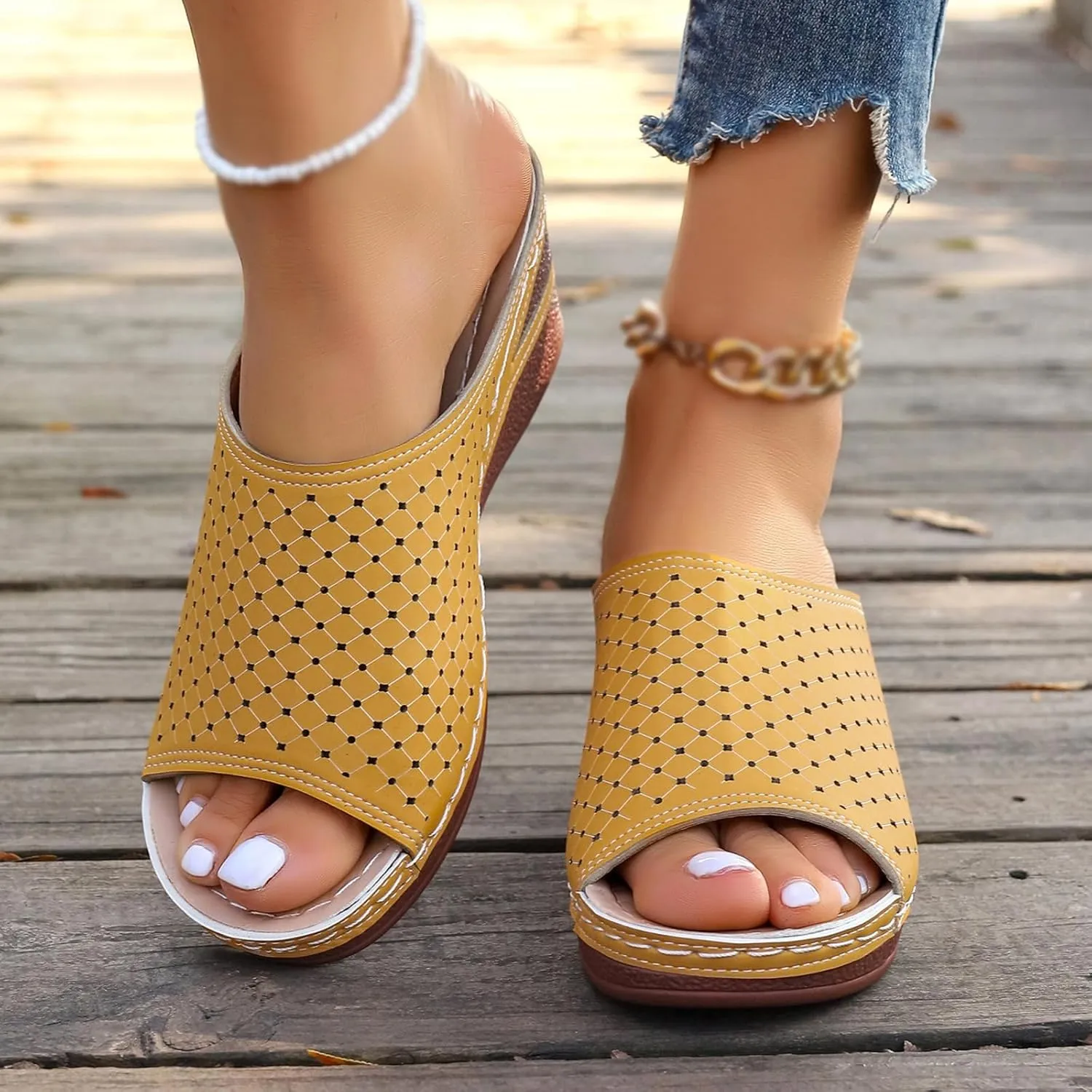 KCTRFSJ Women's Wedge Open Toe Orthopedic Sandals with Arch-Support,Hollow-Out Platform Slip-on Fish Mouth Sandals,Summer Casual Non Slip Walking Beach Shoes