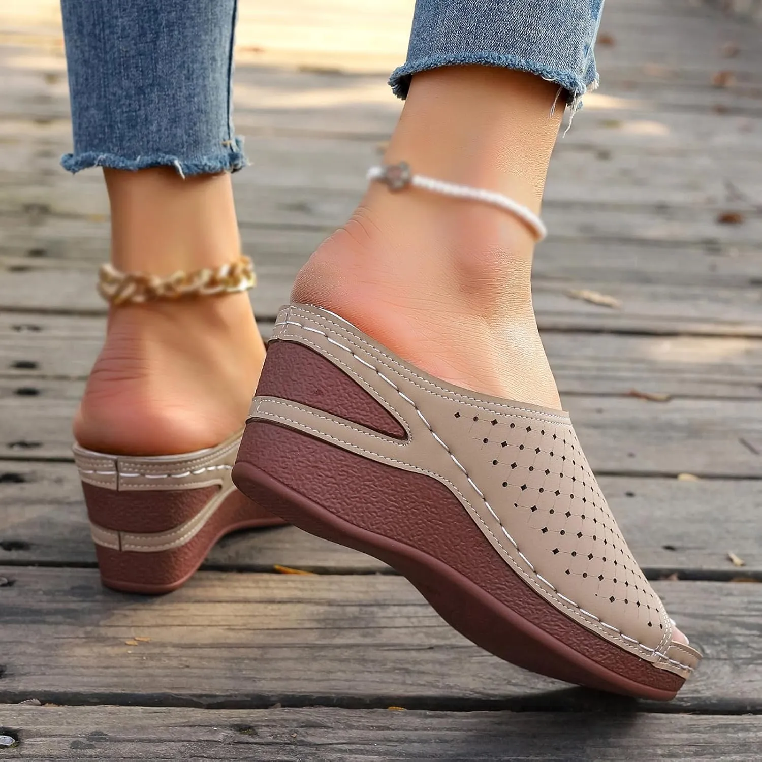 KCTRFSJ Women's Wedge Open Toe Orthopedic Sandals with Arch-Support,Hollow-Out Platform Slip-on Fish Mouth Sandals,Summer Casual Non Slip Walking Beach Shoes