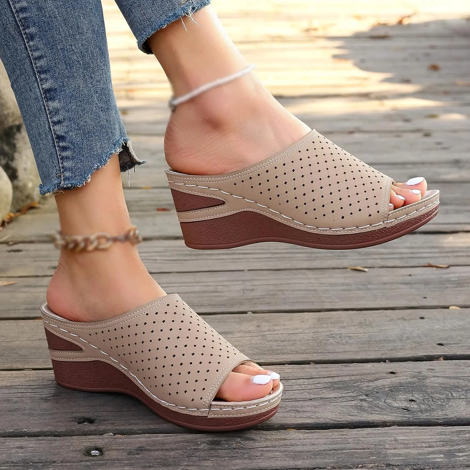 KCTRFSJ Women's Wedge Open Toe Orthopedic Sandals with Arch-Support,Hollow-Out Platform Slip-on Fish Mouth Sandals,Summer Casual Non Slip Walking Beach Shoes
