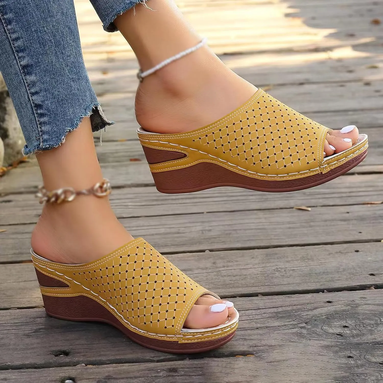 KCTRFSJ Women's Wedge Open Toe Orthopedic Sandals with Arch-Support,Hollow-Out Platform Slip-on Fish Mouth Sandals,Summer Casual Non Slip Walking Beach Shoes