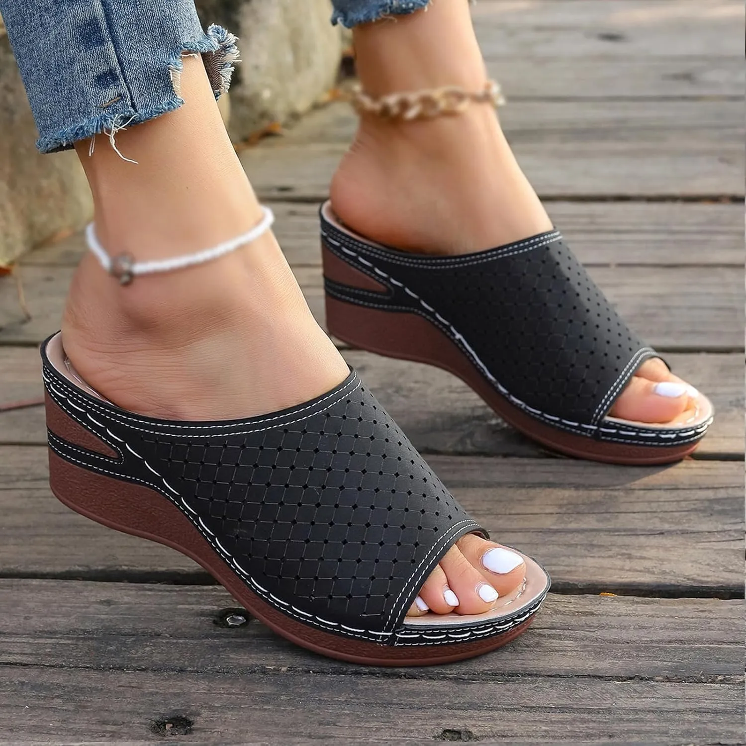 KCTRFSJ Women's Wedge Open Toe Orthopedic Sandals with Arch-Support,Hollow-Out Platform Slip-on Fish Mouth Sandals,Summer Casual Non Slip Walking Beach Shoes