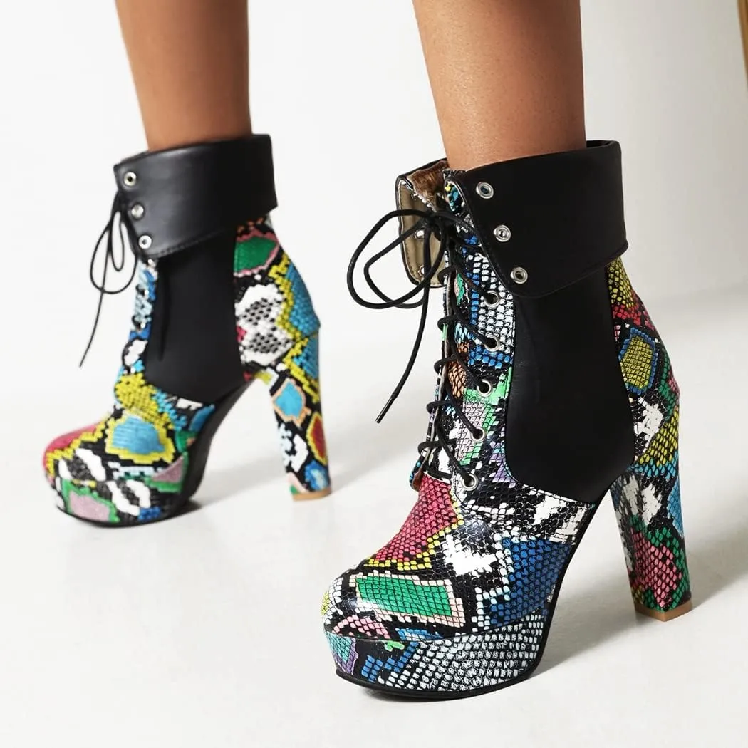 KIKIVIVI Womens Platform Snakeskin Ankle Boots Lace Up Chunky High Heel Booties