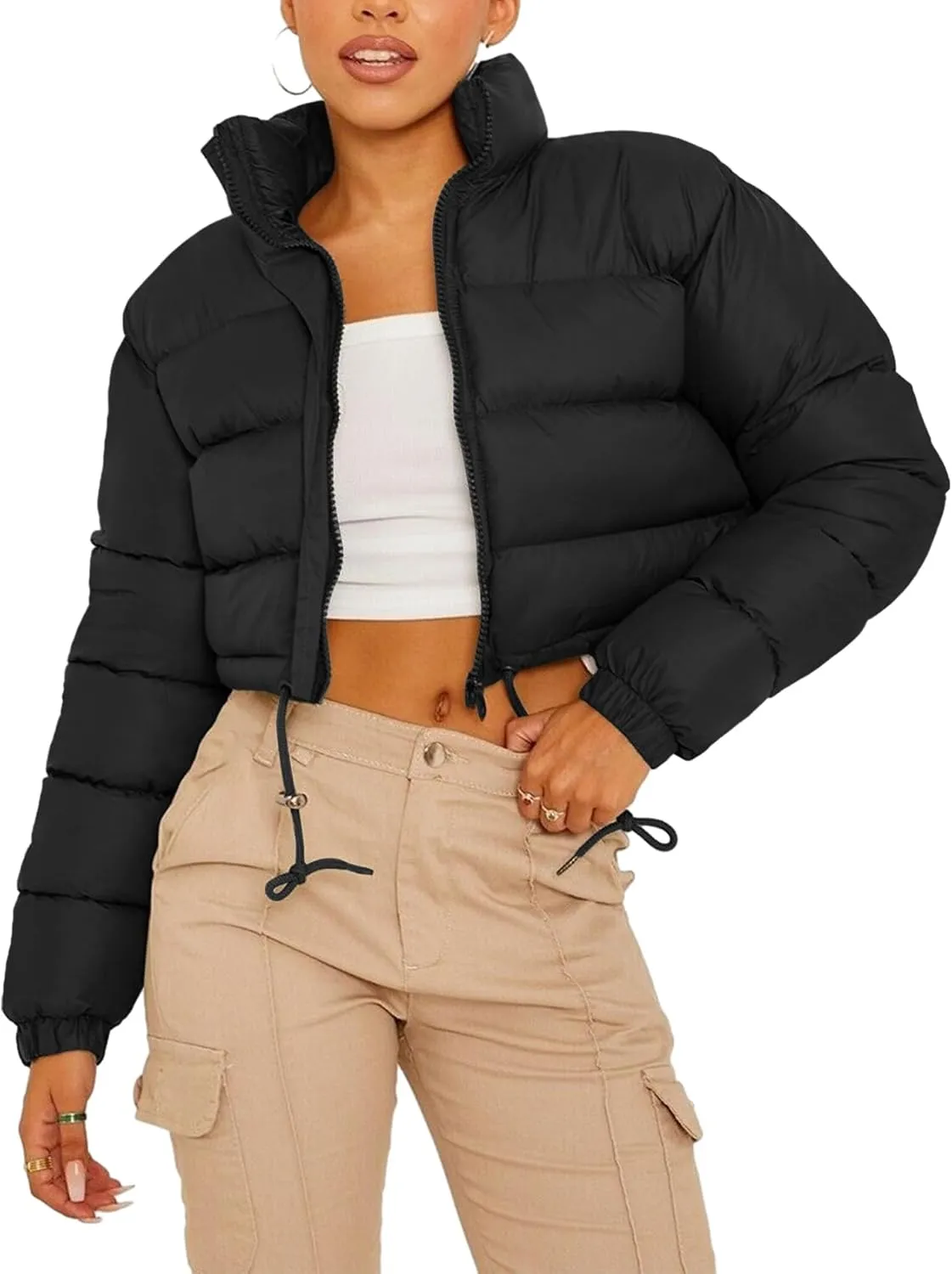 Kissonic Women's Cropped Puffer Jacket Full Zip Stand Collar Quilted Jacket Winter Coats with Pockets