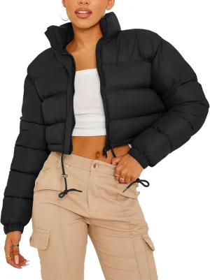 Kissonic Women's Cropped Puffer Jacket Full Zip Stand Collar Quilted Jacket Winter Coats with Pockets