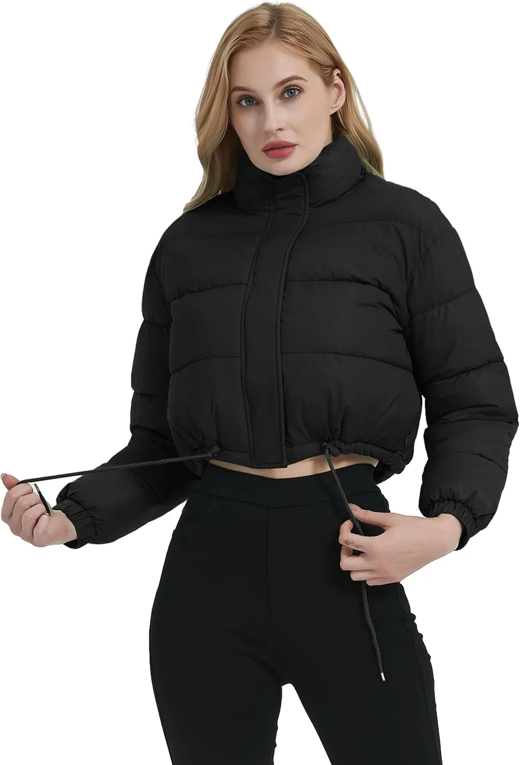 Kissonic Women's Cropped Puffer Jacket Full Zip Stand Collar Quilted Jacket Winter Coats with Pockets
