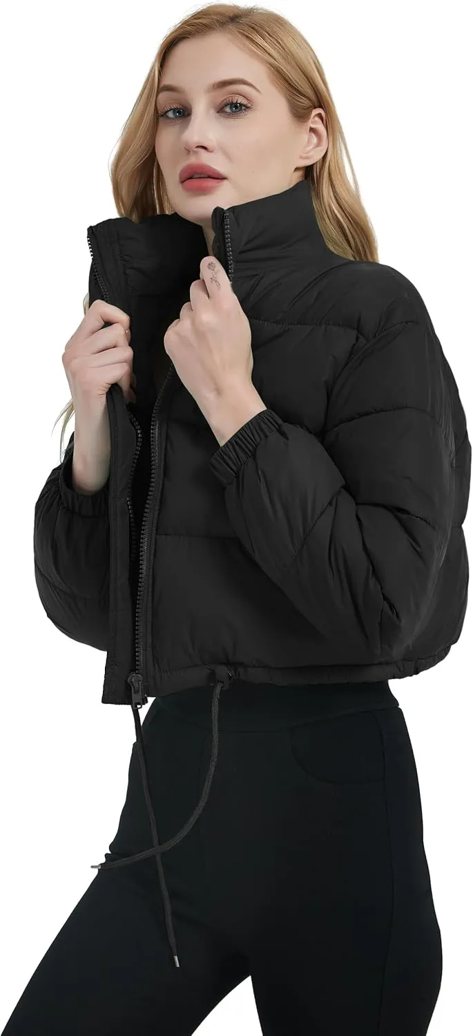 Kissonic Women's Cropped Puffer Jacket Full Zip Stand Collar Quilted Jacket Winter Coats with Pockets
