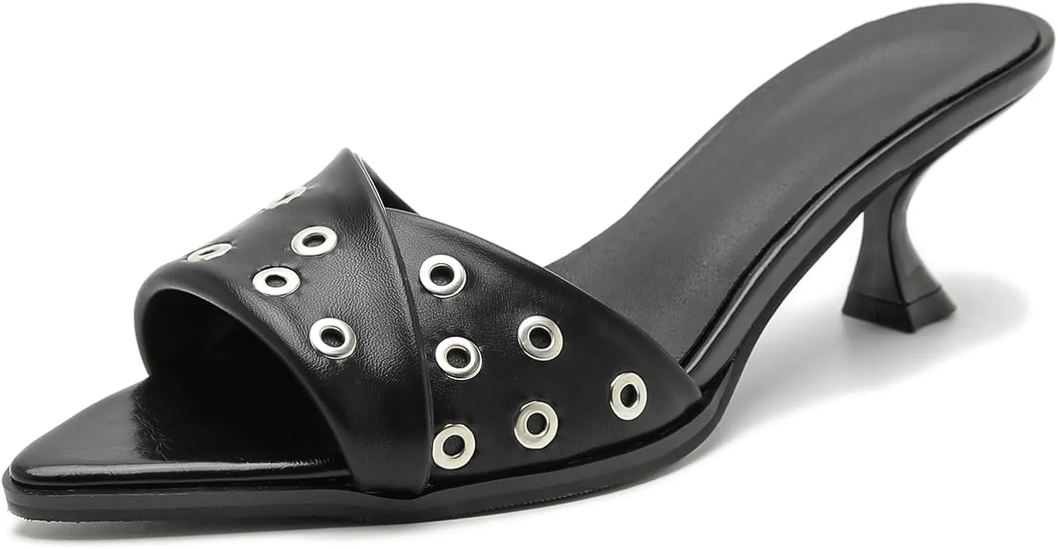 Kitten Heels for Women Pointed Toe Bow Mesh Mules Silp On Studded Heeled Sandals