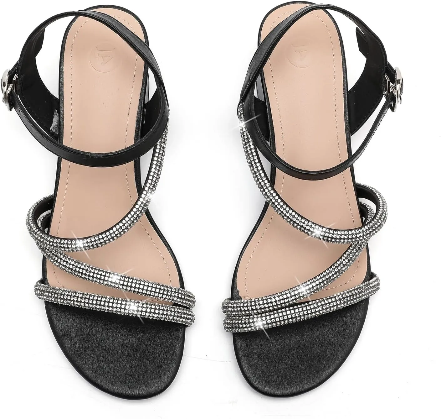 kkdom Women's Strappy Glitter Rhinestone Low Chunky Block Heel Sandals Open Toe Sparkle Bling Dress Shoes