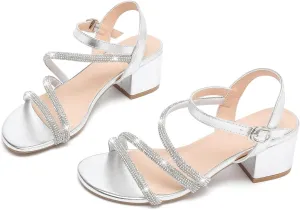 kkdom Women's Strappy Glitter Rhinestone Low Chunky Block Heel Sandals Open Toe Sparkle Bling Dress Shoes
