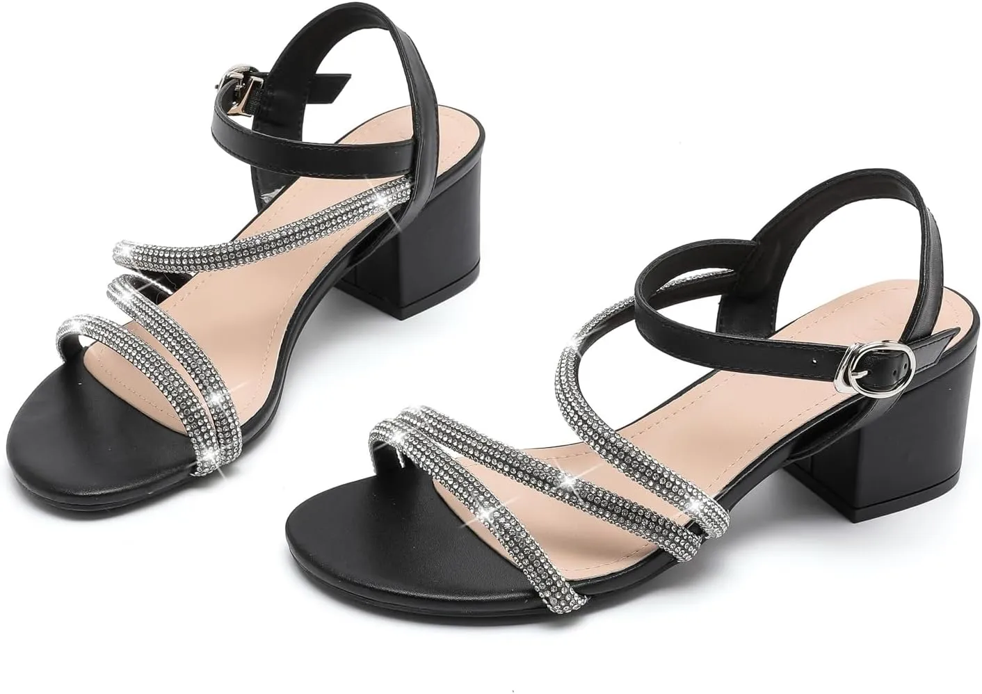 kkdom Women's Strappy Glitter Rhinestone Low Chunky Block Heel Sandals Open Toe Sparkle Bling Dress Shoes