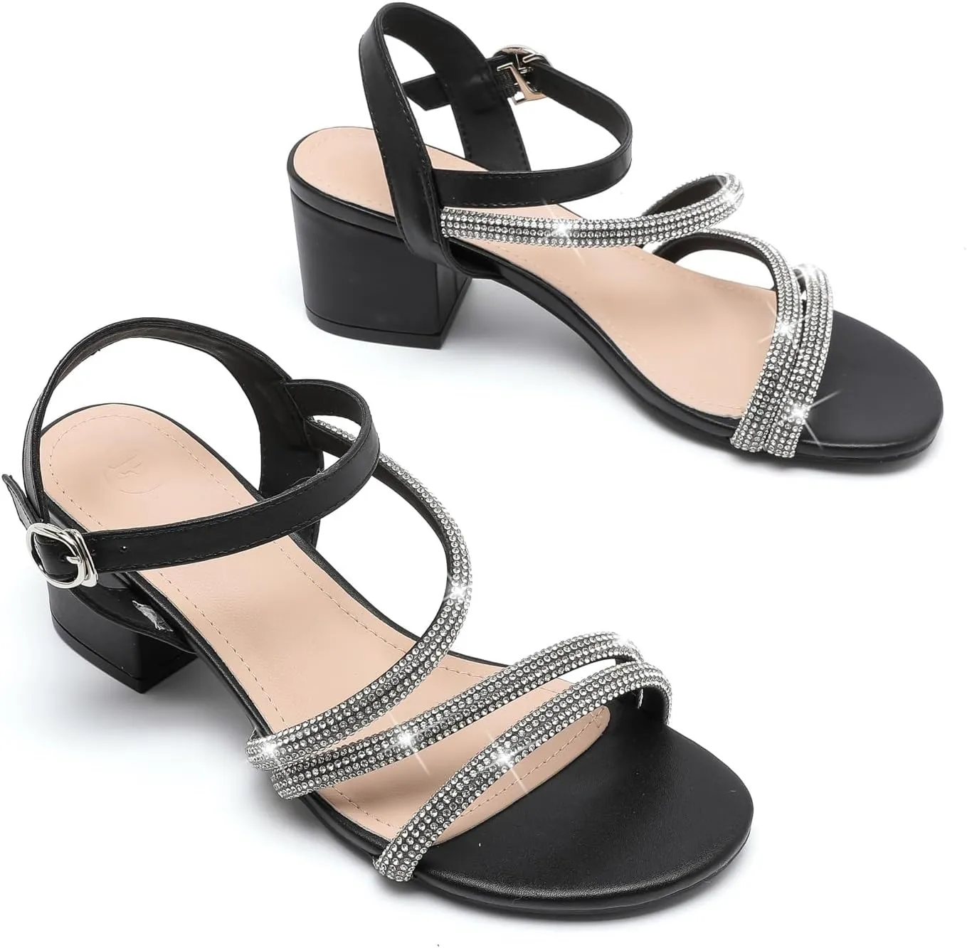 kkdom Women's Strappy Glitter Rhinestone Low Chunky Block Heel Sandals Open Toe Sparkle Bling Dress Shoes