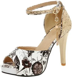 KOKOMOMO Womens Glitter Floral Print High Heel Pumps Peep Toe Platform Sandals