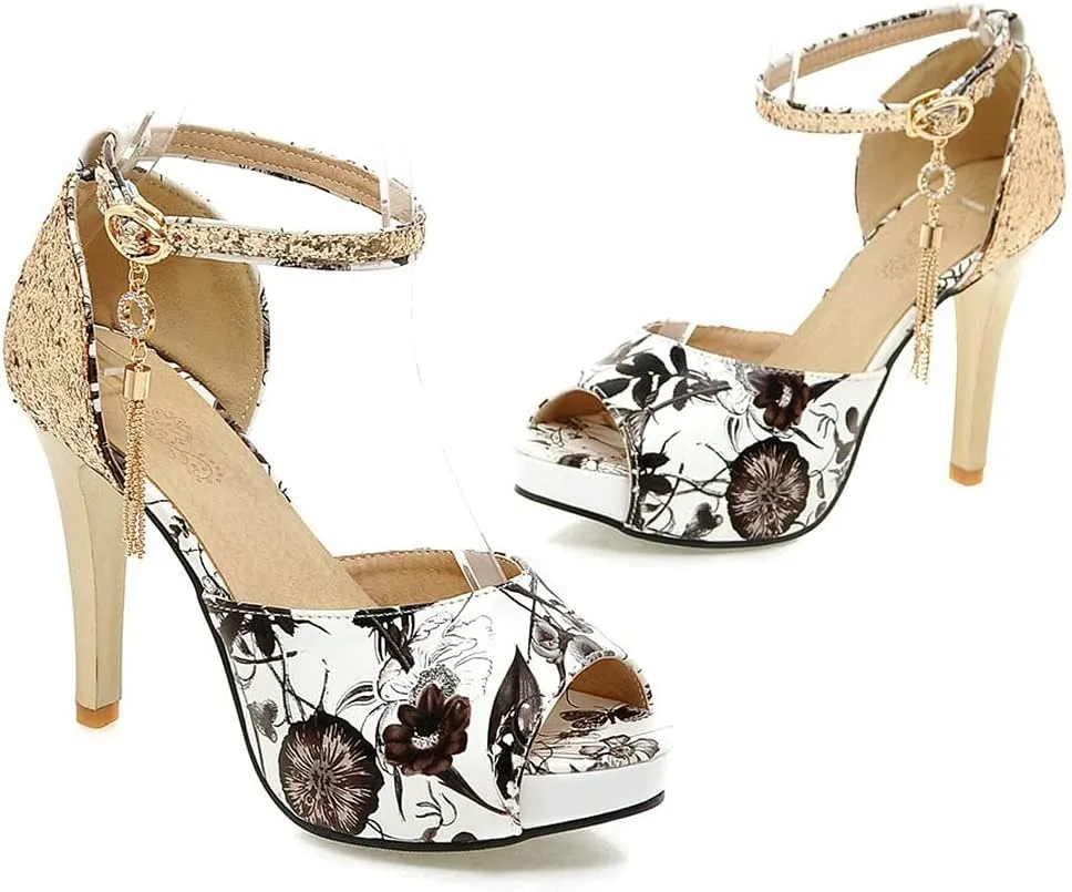 KOKOMOMO Womens Glitter Floral Print High Heel Pumps Peep Toe Platform Sandals