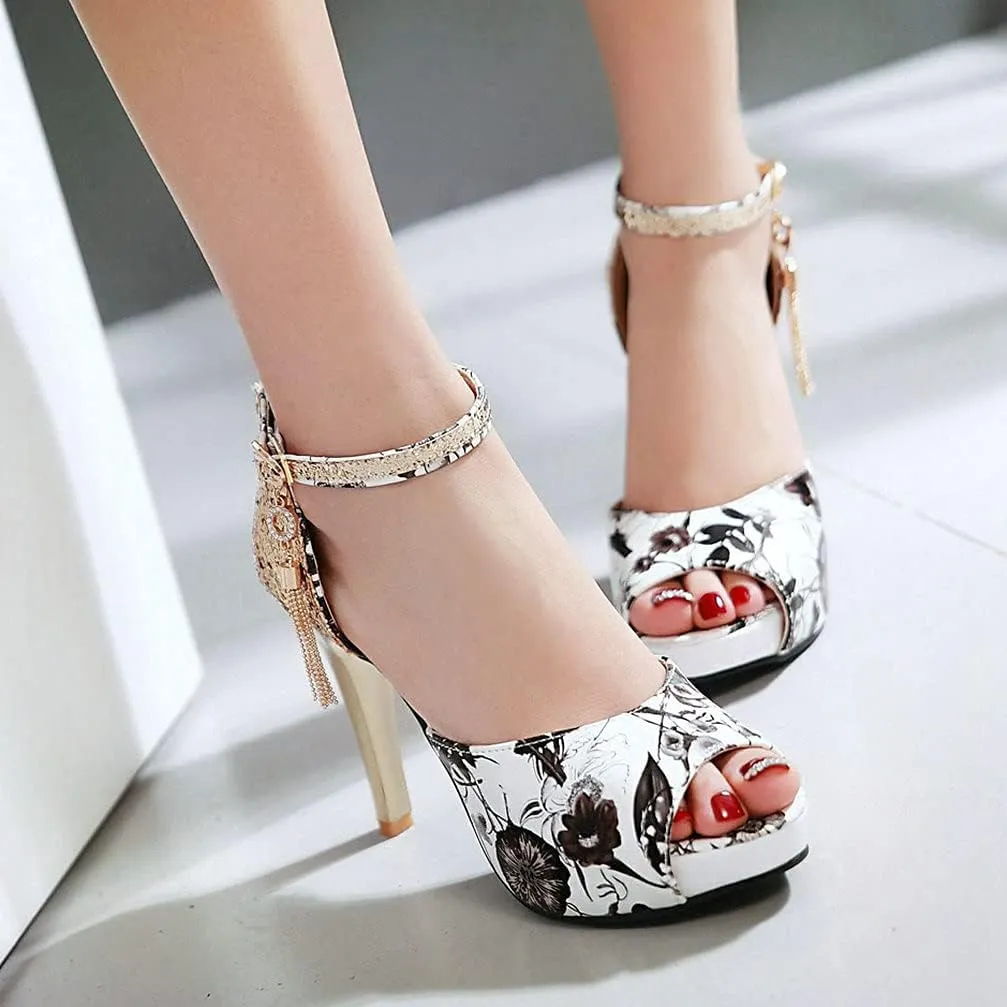 KOKOMOMO Womens Glitter Floral Print High Heel Pumps Peep Toe Platform Sandals