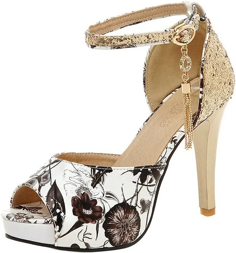 KOKOMOMO Womens Glitter Floral Print High Heel Pumps Peep Toe Platform Sandals