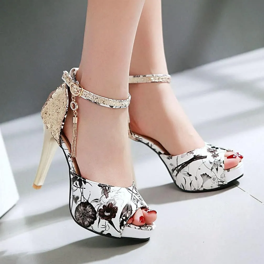 KOKOMOMO Womens Glitter Floral Print High Heel Pumps Peep Toe Platform Sandals