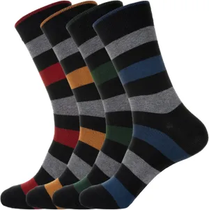 KONY 4 Pack Men's Premium Cotton Colorful Fun Dress Crew Socks - Funky Novelty Striped Business Socks Gift for Men, Size 9-12
