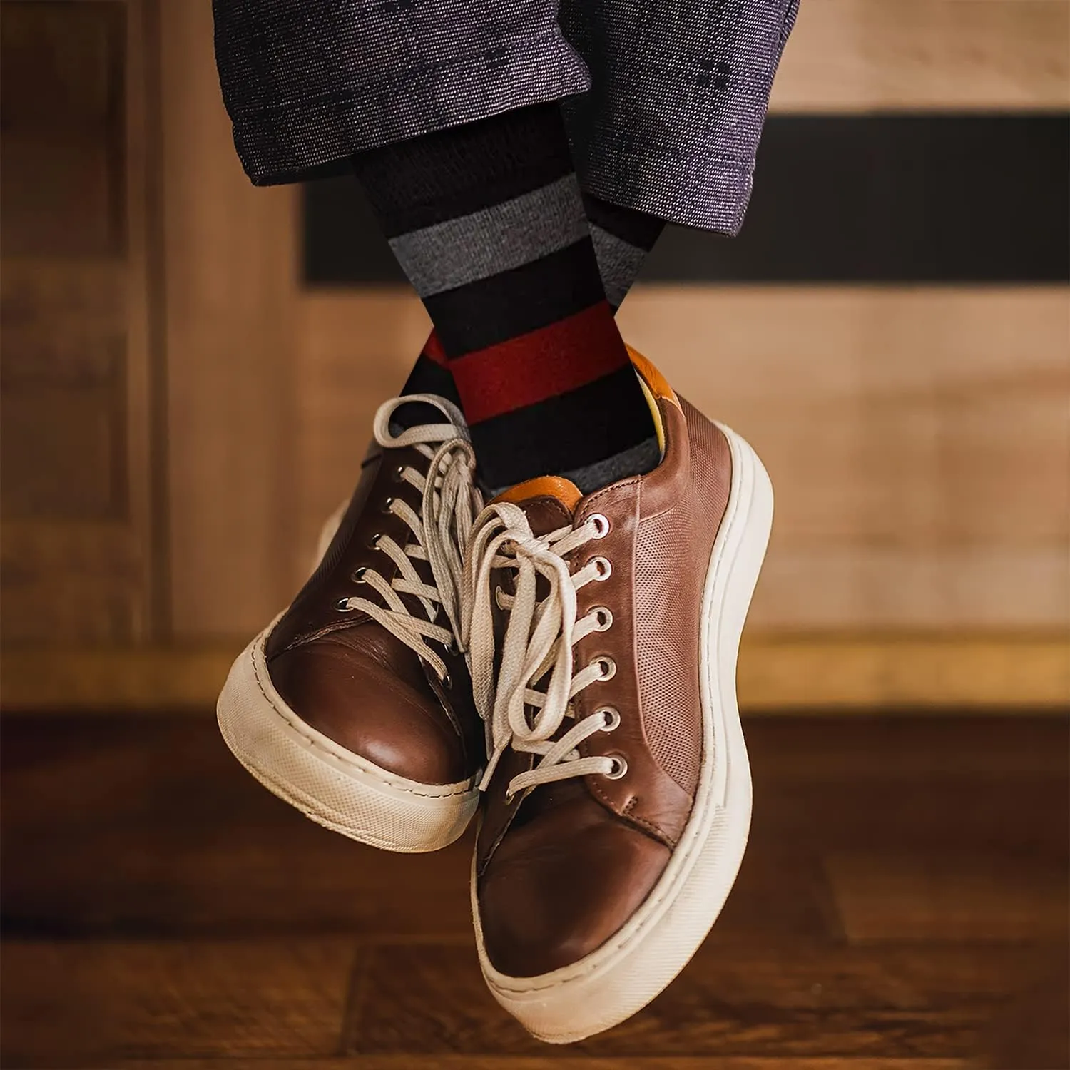 KONY 4 Pack Men's Premium Cotton Colorful Fun Dress Crew Socks - Funky Novelty Striped Business Socks Gift for Men, Size 9-12