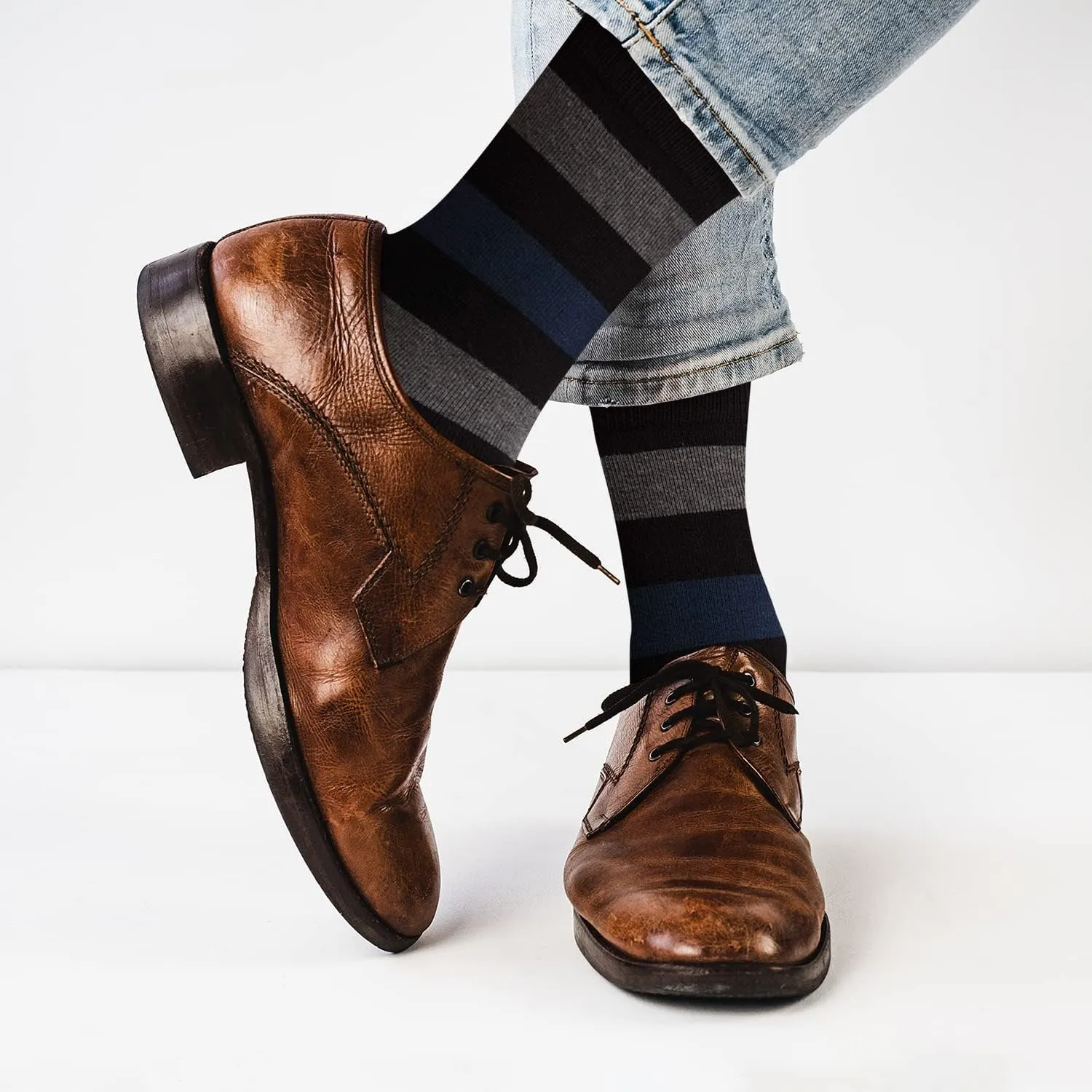 KONY 4 Pack Men's Premium Cotton Colorful Fun Dress Crew Socks - Funky Novelty Striped Business Socks Gift for Men, Size 9-12