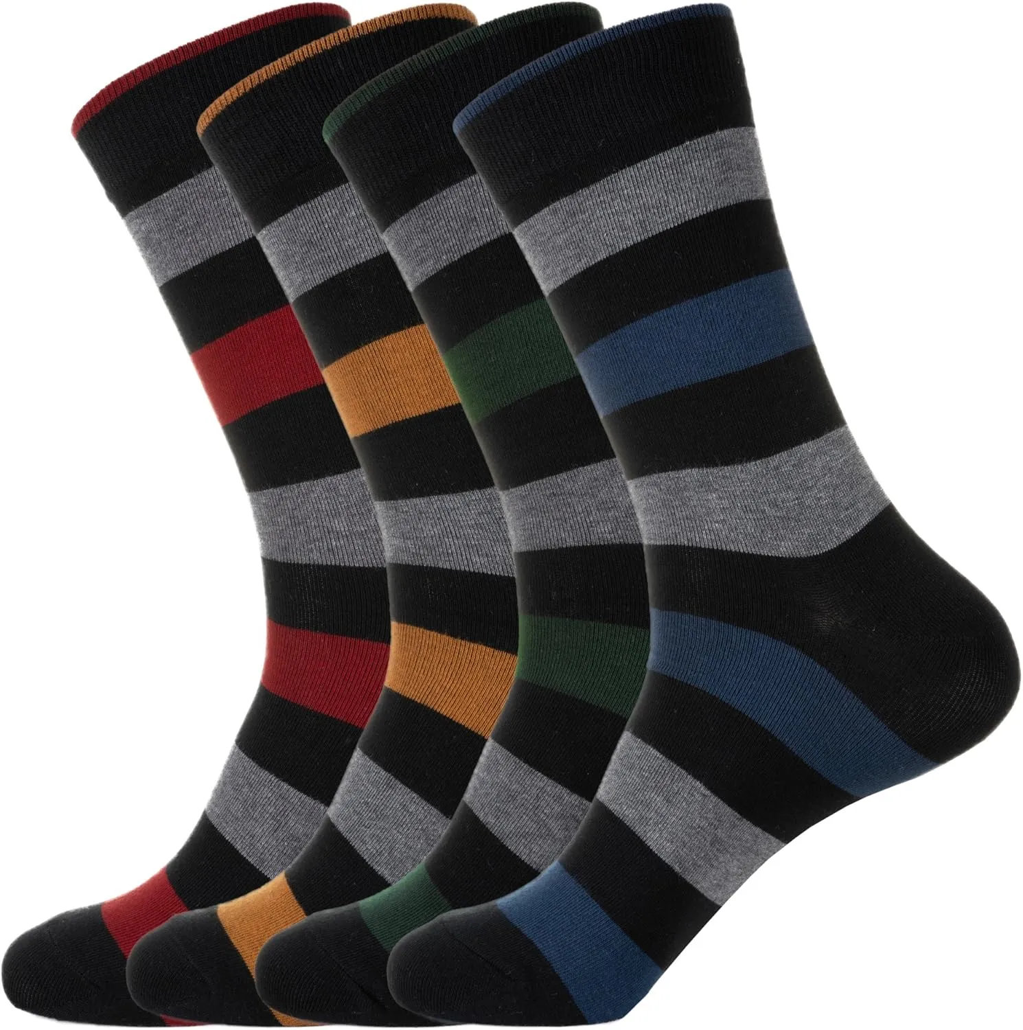 KONY 4 Pack Men's Premium Cotton Colorful Fun Dress Crew Socks - Funky Novelty Striped Business Socks Gift for Men, Size 9-12