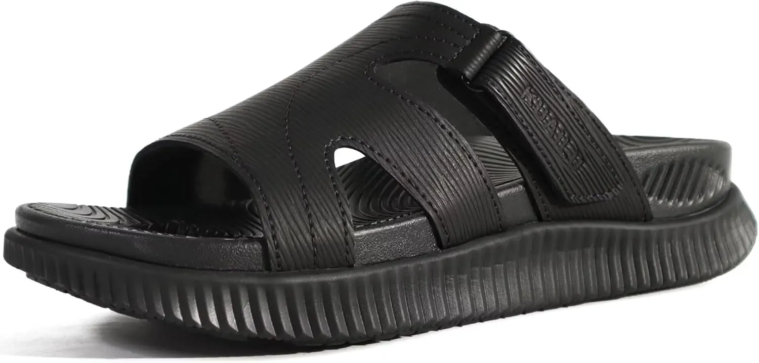 KuaiLu Womens Orthotic Slides Thick Athletic Cushion Recovery Sandals Open Toe Leather Strap Slip On Yoga Mat Ladies Sport Walking Sandles Comfortable Plantar Fasciitis Arch Support Black Size 10