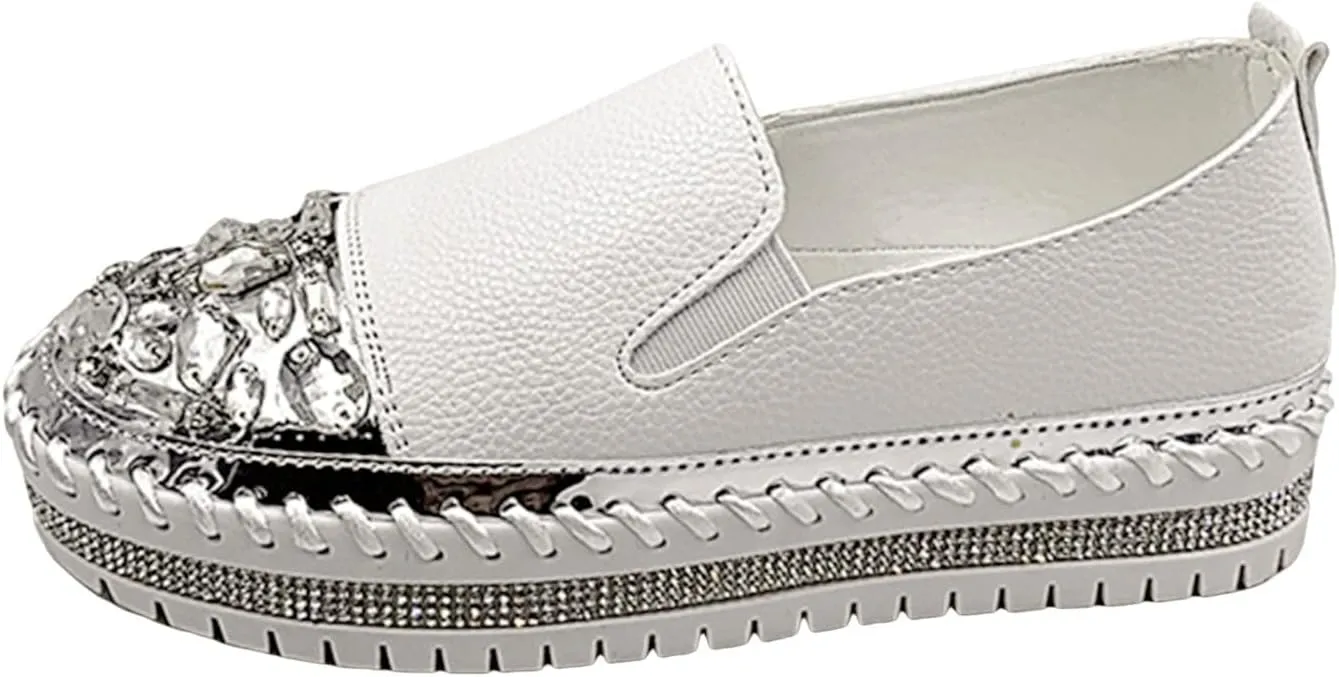 Ladies Fashion Solid Leather Panel with Rhinestone Decoration Thick Sole Casual Single Casual Classic Shoes for Men