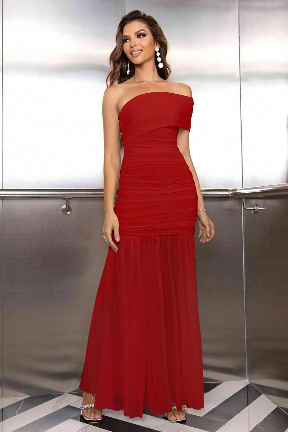 LAGSHIAN Women's Elegant Formal Long Dress One Shoulder Sleeveless Ruched Bodycon Evening Dress