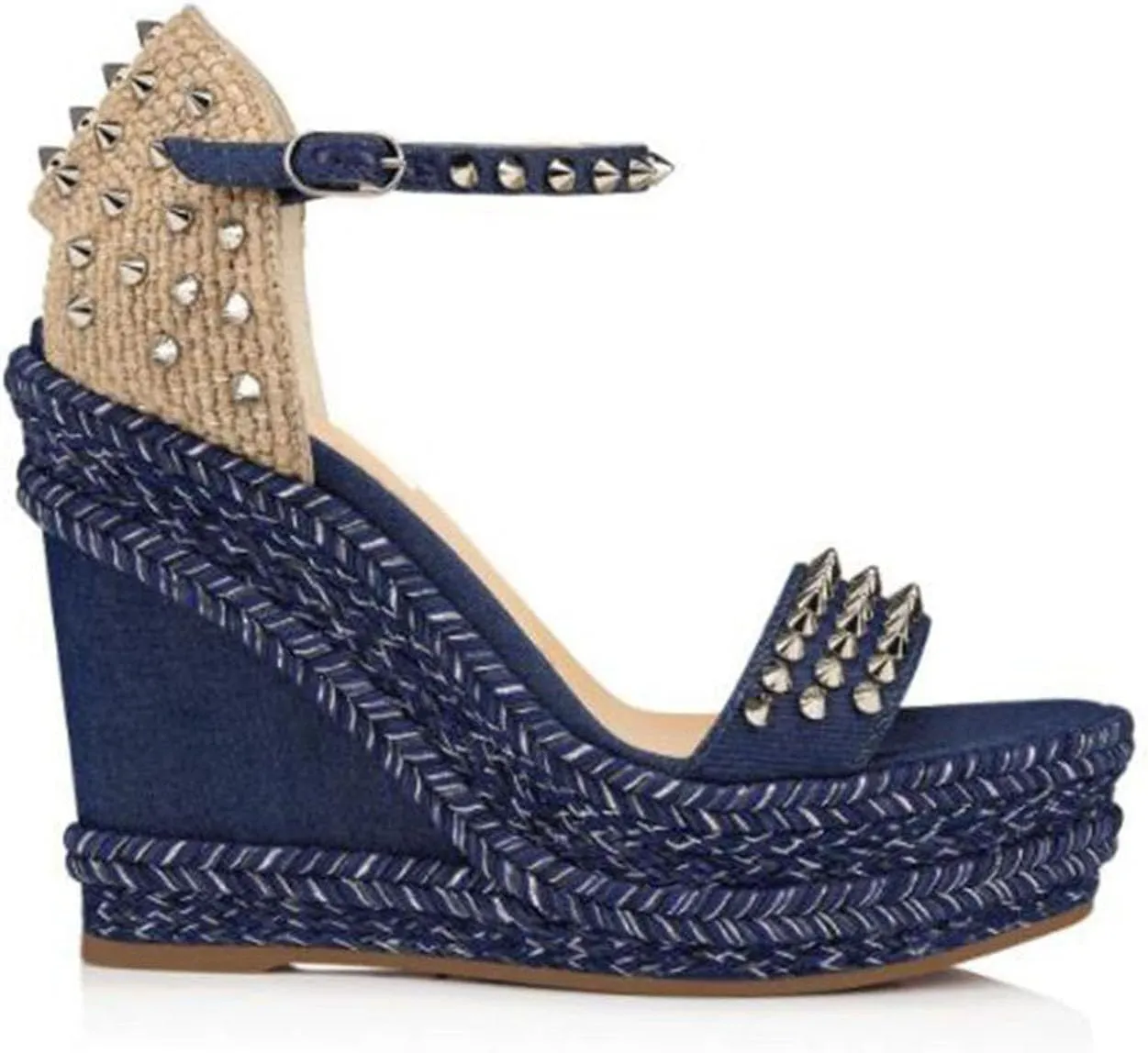 Large Size Denim Thick Heel Waterproof Platform High Heels Rivet Buckle Women's Shoes Wedge Heel Sandals