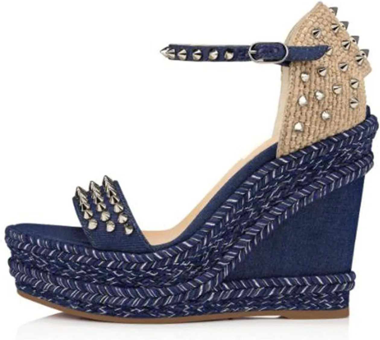 Large Size Denim Thick Heel Waterproof Platform High Heels Rivet Buckle Women's Shoes Wedge Heel Sandals