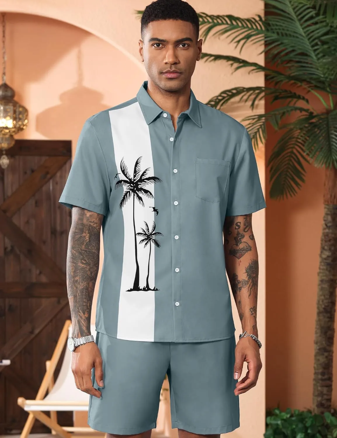 LecGee Men's Hawaiian Shirts Sets Button Down Coconut Tree Hawaiian Shirt Shorts 2 Piece Hawaiian Outfits