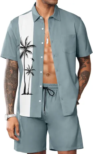LecGee Men's Hawaiian Shirts Sets Button Down Coconut Tree Hawaiian Shirt Shorts 2 Piece Hawaiian Outfits