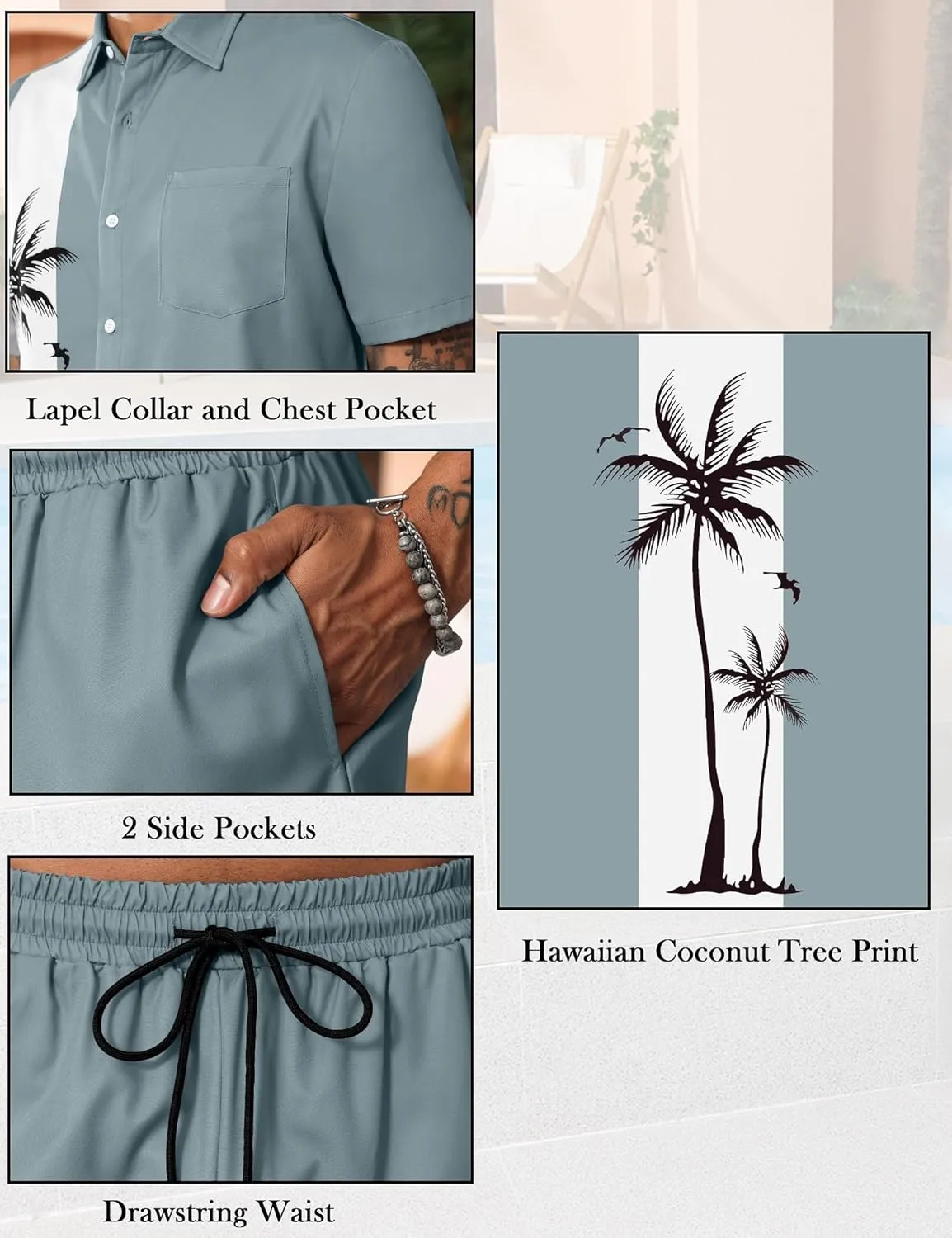 LecGee Men's Hawaiian Shirts Sets Button Down Coconut Tree Hawaiian Shirt Shorts 2 Piece Hawaiian Outfits
