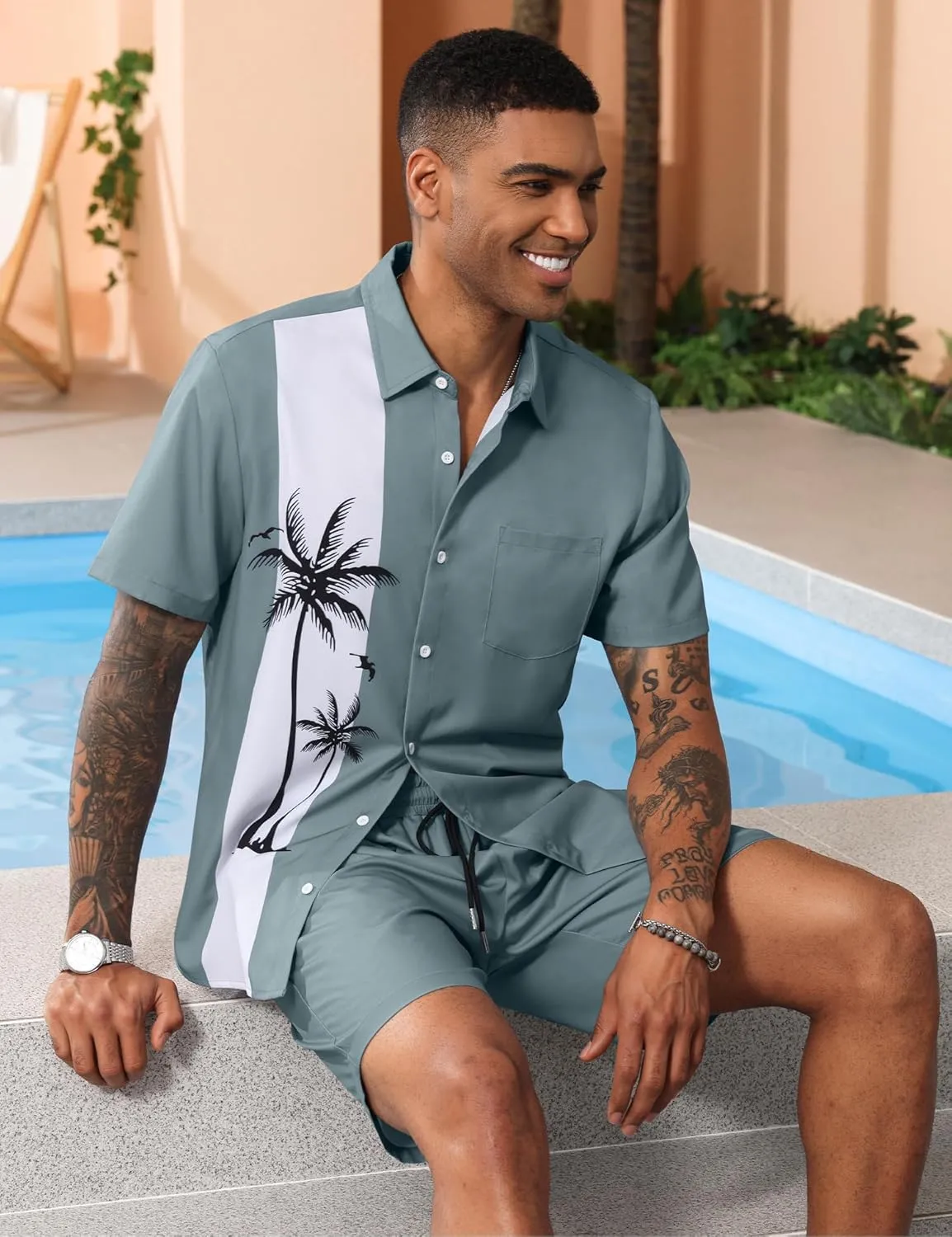 LecGee Men's Hawaiian Shirts Sets Button Down Coconut Tree Hawaiian Shirt Shorts 2 Piece Hawaiian Outfits