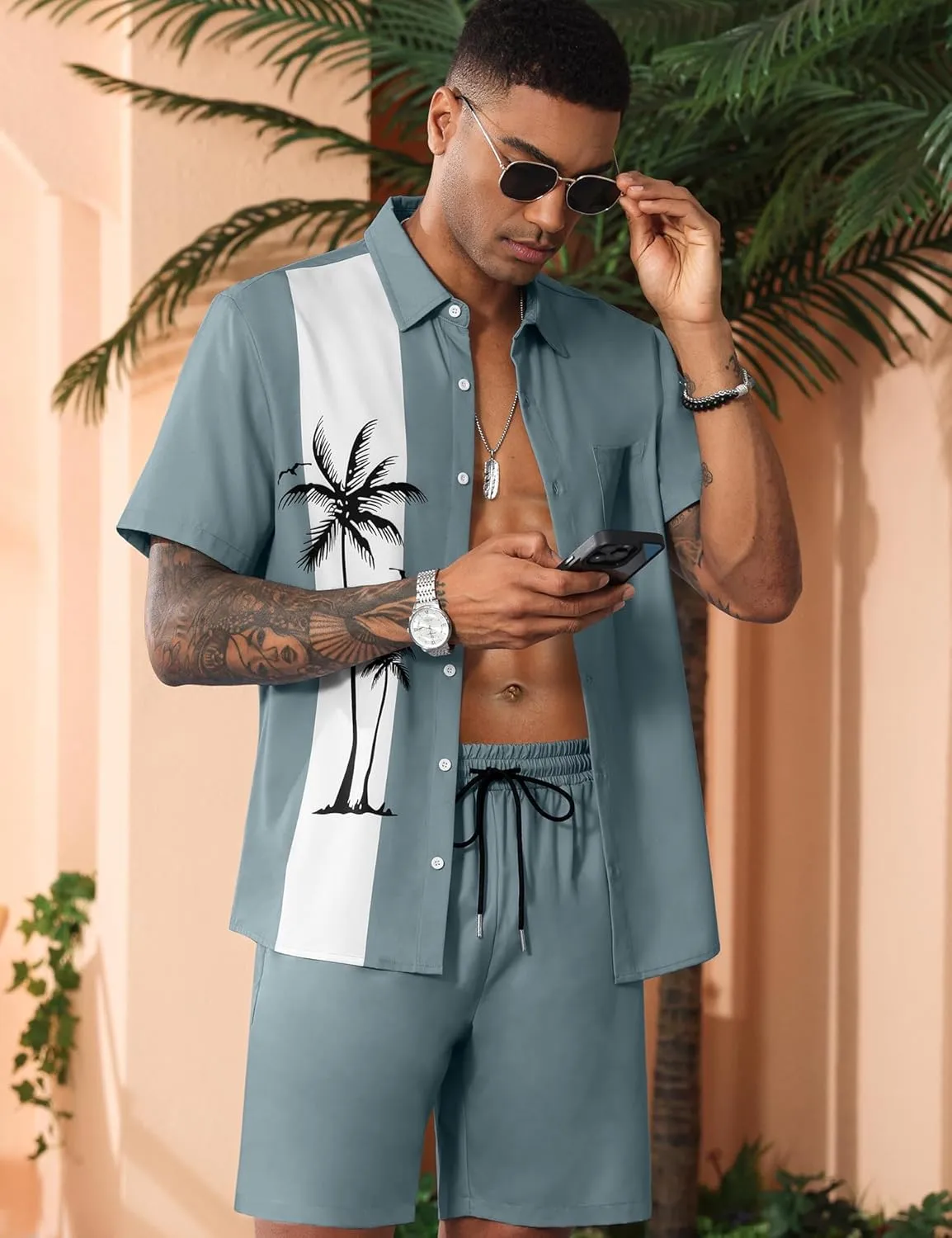 LecGee Men's Hawaiian Shirts Sets Button Down Coconut Tree Hawaiian Shirt Shorts 2 Piece Hawaiian Outfits