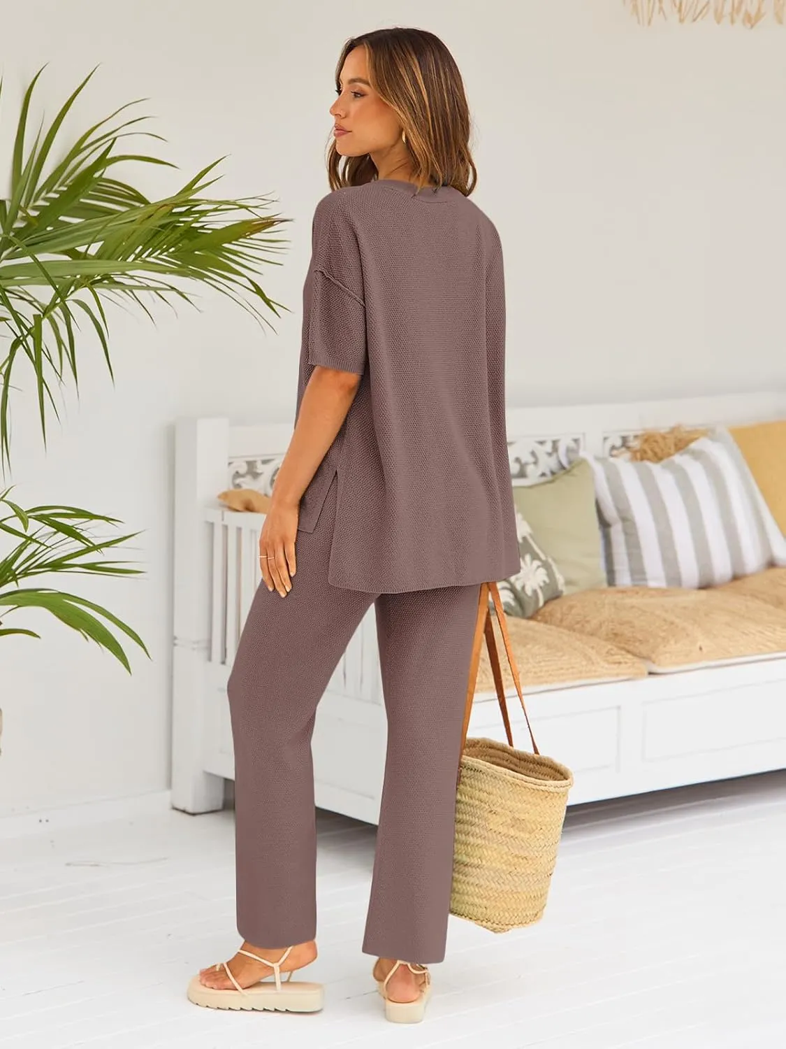 LILLUSORY Lounge Sets for Women 2 Piece Casual Outfits Matching Sets Short Sleeve Cozy knit Tops and Elastic Waisted Pants