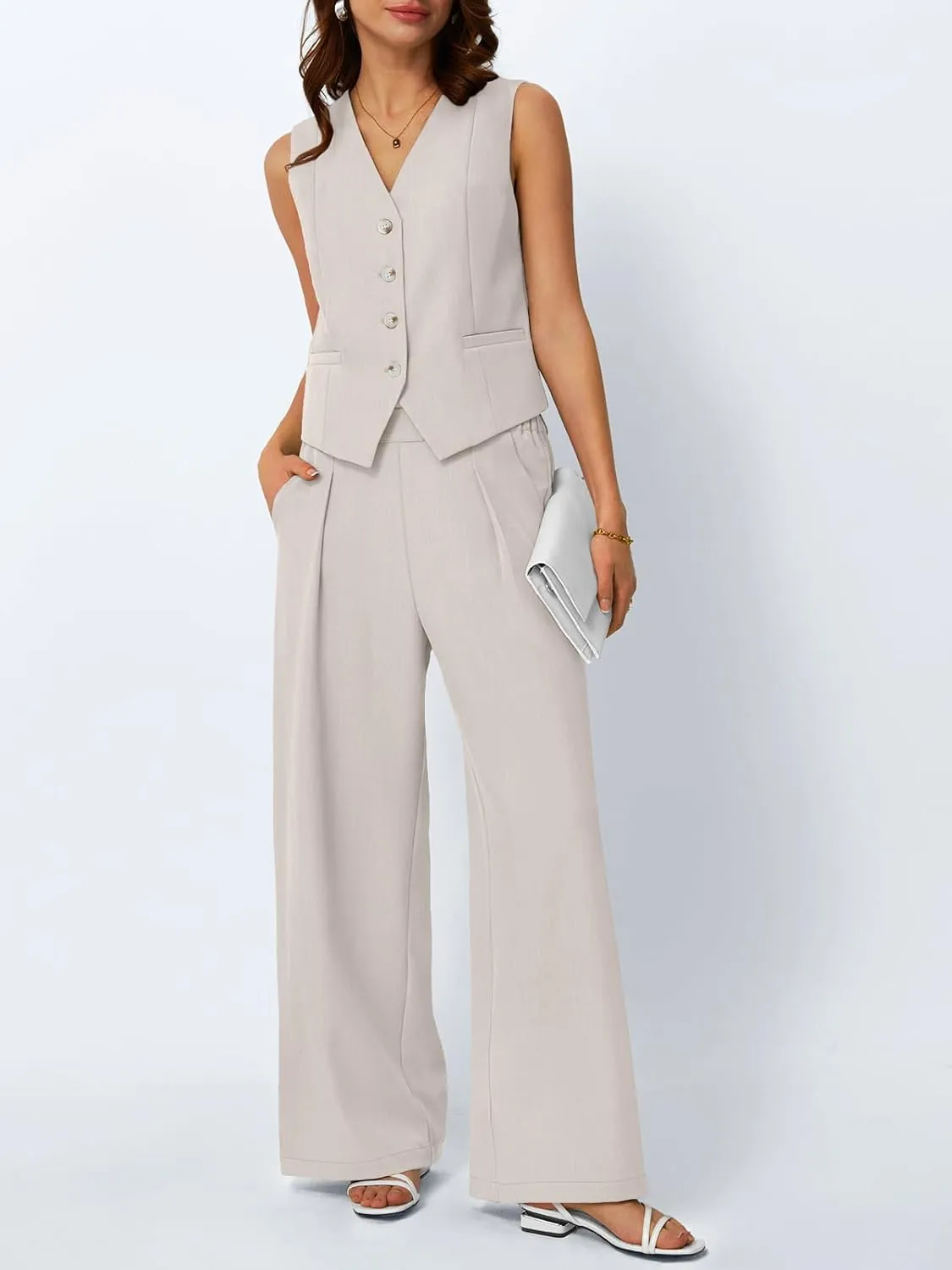 LILLUSORY Womens V Neck Twill Tailored Blazer Sleeveless Vest Two 2 Piece Set Wide Leg Pant Suit