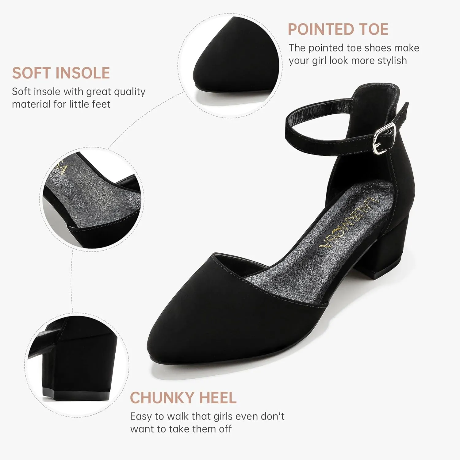 Little Girls Sandals Closed Toe High Heels Formal Dress Shoes Ankle Strap Pointed Toe Heeled for Little Big Kids in Wedding Party Block Chunky Pump Shoes