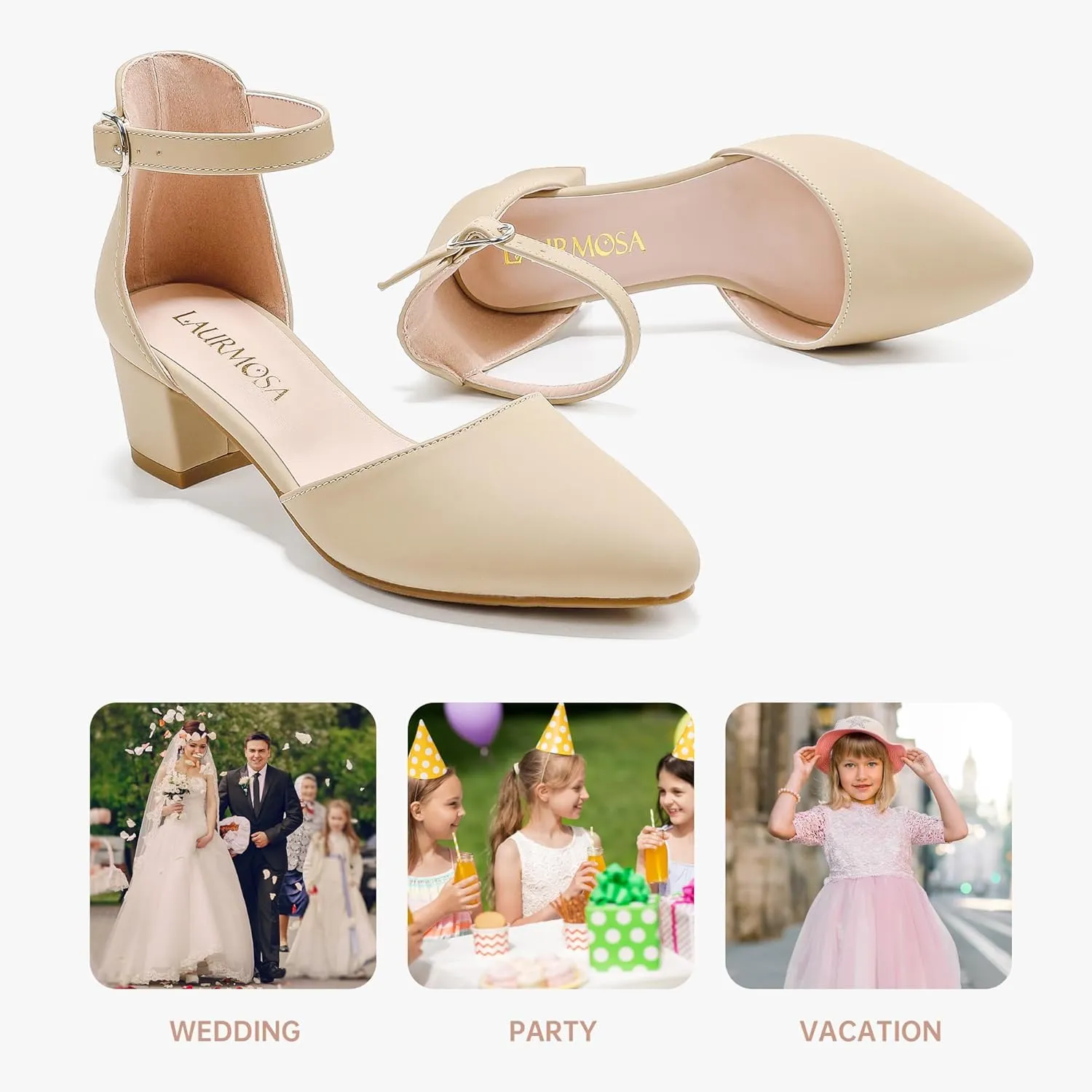 Little Girls Sandals Closed Toe High Heels Formal Dress Shoes Ankle Strap Pointed Toe Heeled for Little Big Kids in Wedding Party Block Chunky Pump Shoes