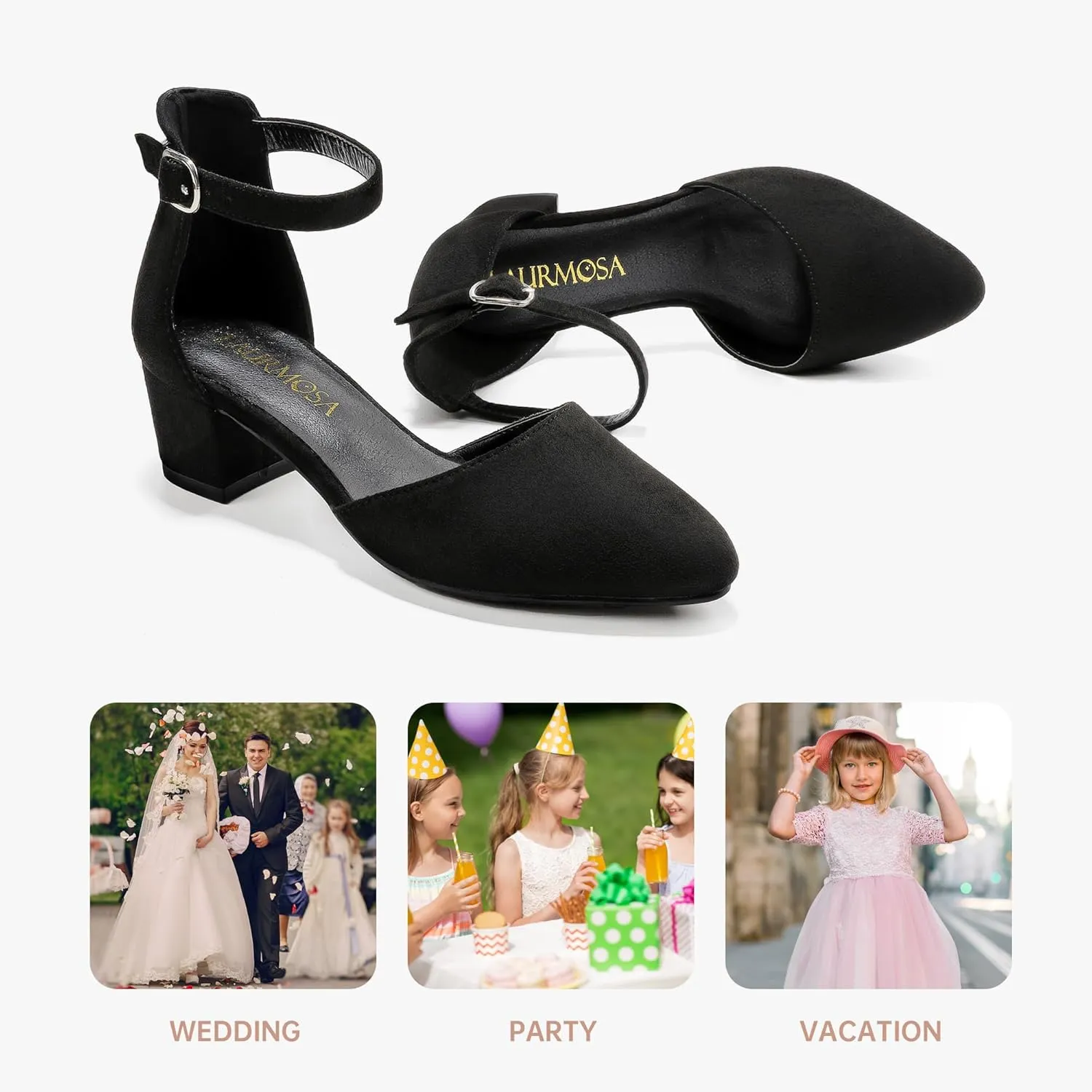 Little Girls Sandals Closed Toe High Heels Formal Dress Shoes Ankle Strap Pointed Toe Heeled for Little Big Kids in Wedding Party Block Chunky Pump Shoes