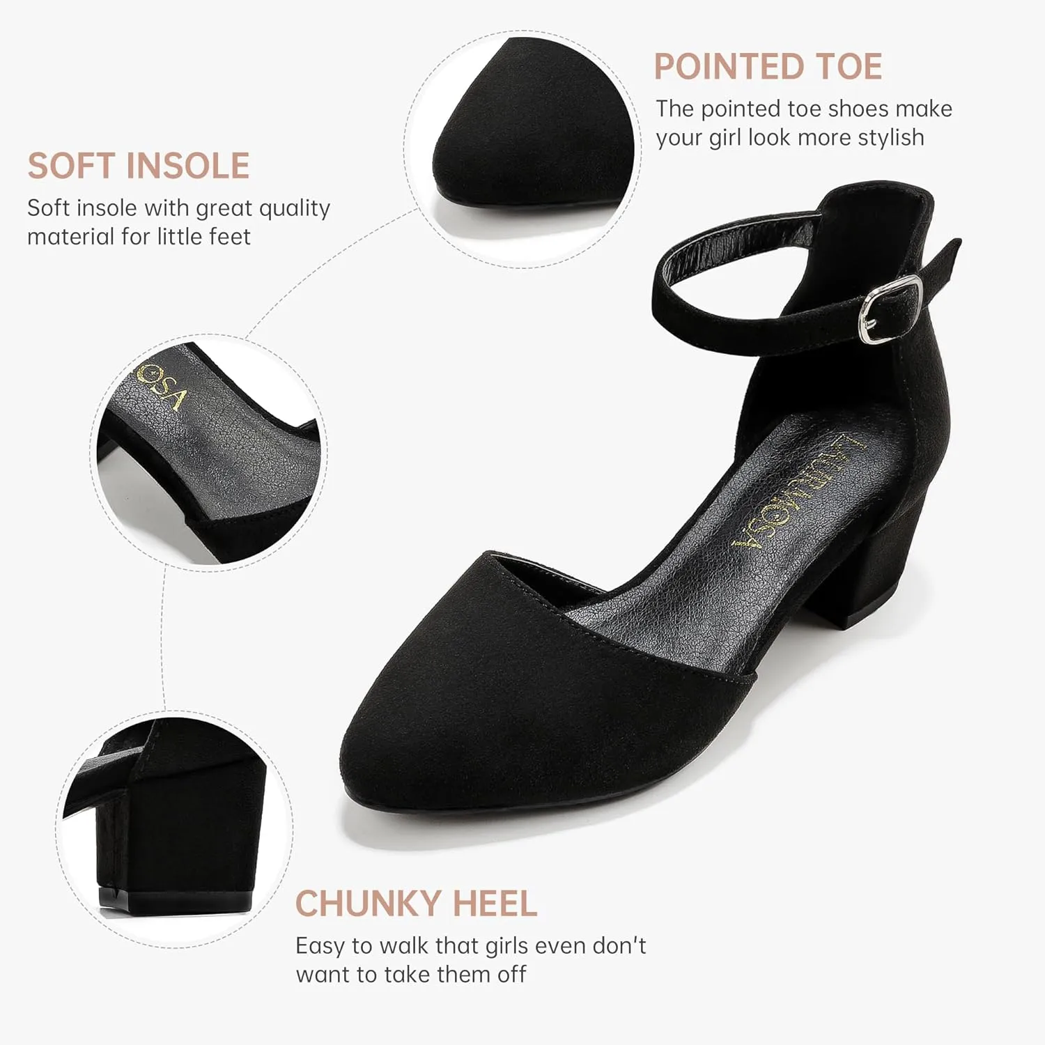 Little Girls Sandals Closed Toe High Heels Formal Dress Shoes Ankle Strap Pointed Toe Heeled for Little Big Kids in Wedding Party Block Chunky Pump Shoes