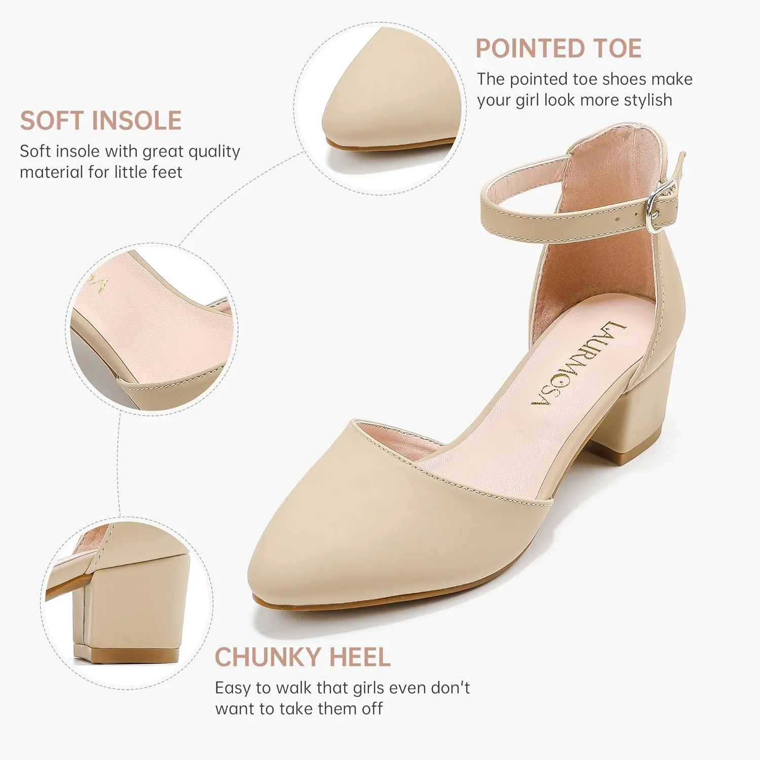 Little Girls Sandals Closed Toe High Heels Formal Dress Shoes Ankle Strap Pointed Toe Heeled for Little Big Kids in Wedding Party Block Chunky Pump Shoes