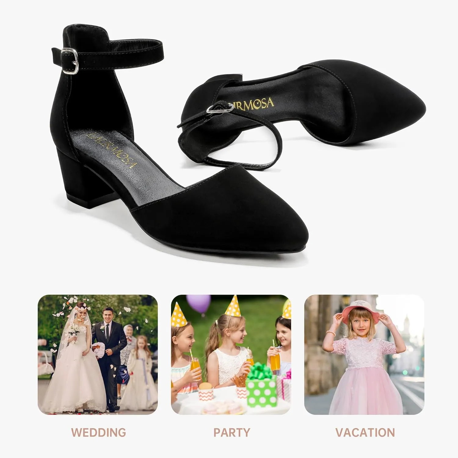 Little Girls Sandals Closed Toe High Heels Formal Dress Shoes Ankle Strap Pointed Toe Heeled for Little Big Kids in Wedding Party Block Chunky Pump Shoes