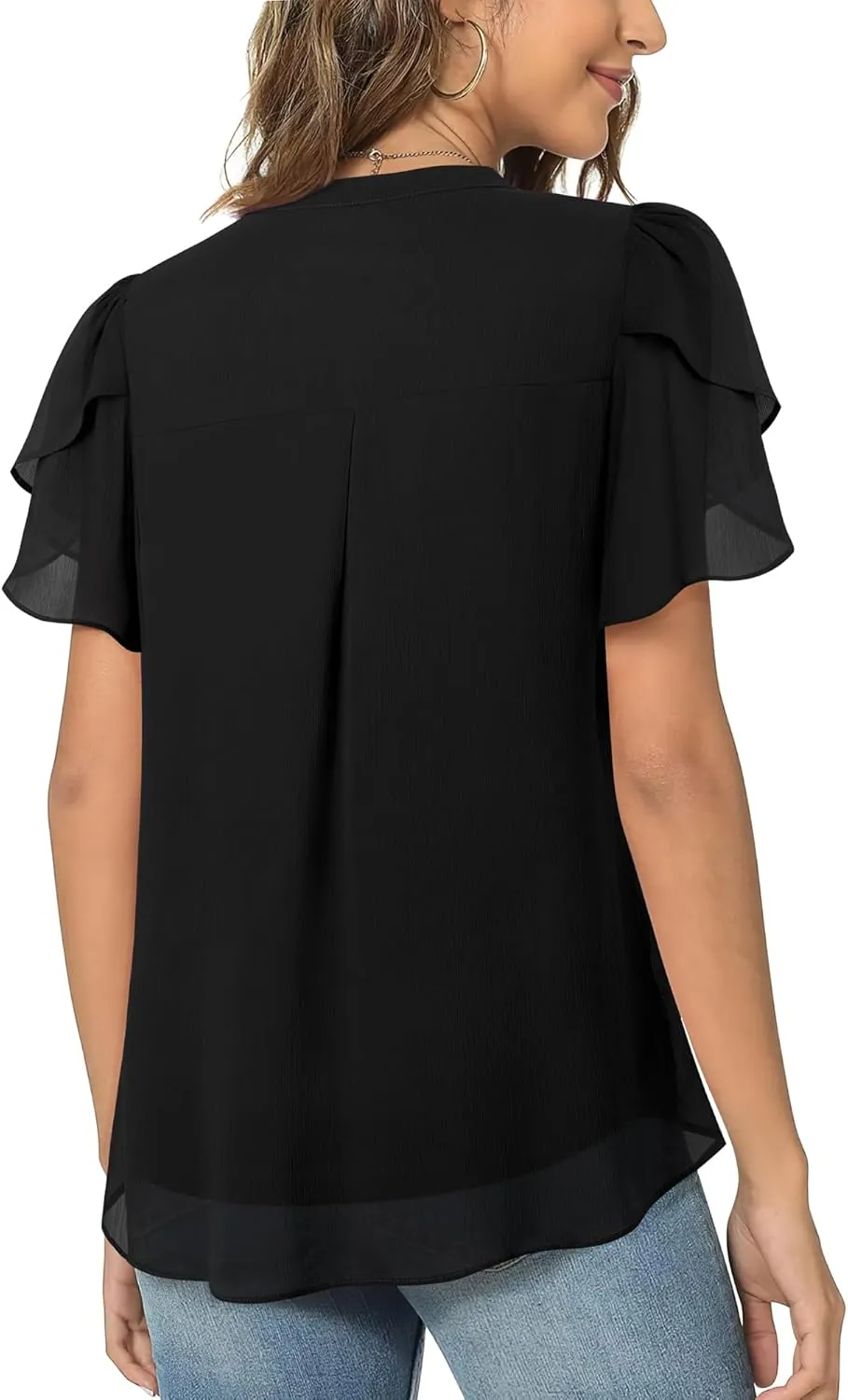 Lotusmile Womens Dressy Chiffon Blouses Summer Puff Petal Short Sleeve Shirts V Neck Casual Work Tops