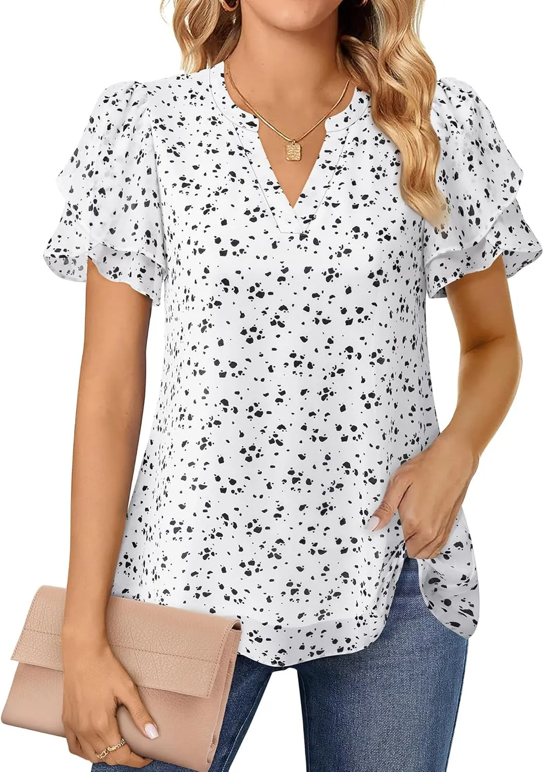 Lotusmile Womens Dressy Chiffon Blouses Summer Puff Petal Short Sleeve Shirts V Neck Casual Work Tops